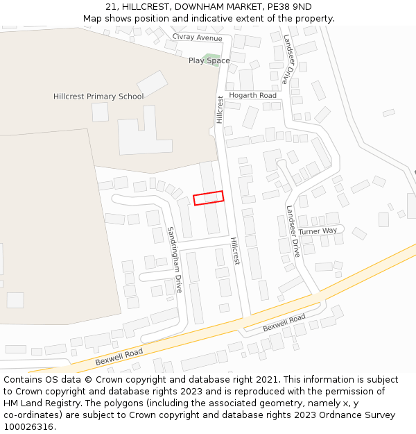 21, HILLCREST, DOWNHAM MARKET, PE38 9ND: Location map and indicative extent of plot