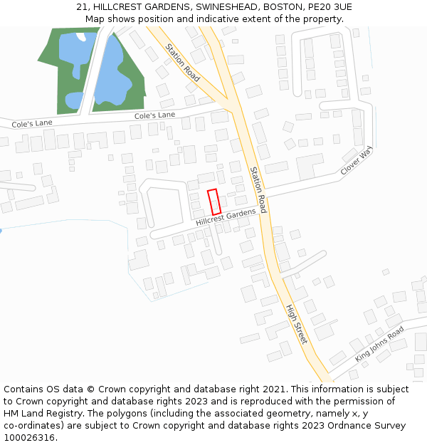 21, HILLCREST GARDENS, SWINESHEAD, BOSTON, PE20 3UE: Location map and indicative extent of plot