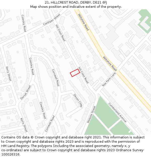 21, HILLCREST ROAD, DERBY, DE21 6FJ: Location map and indicative extent of plot