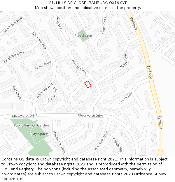 21, HILLSIDE CLOSE, BANBURY, OX16 9YT: Location map and indicative extent of plot