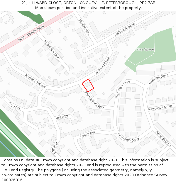 21, HILLWARD CLOSE, ORTON LONGUEVILLE, PETERBOROUGH, PE2 7AB: Location map and indicative extent of plot