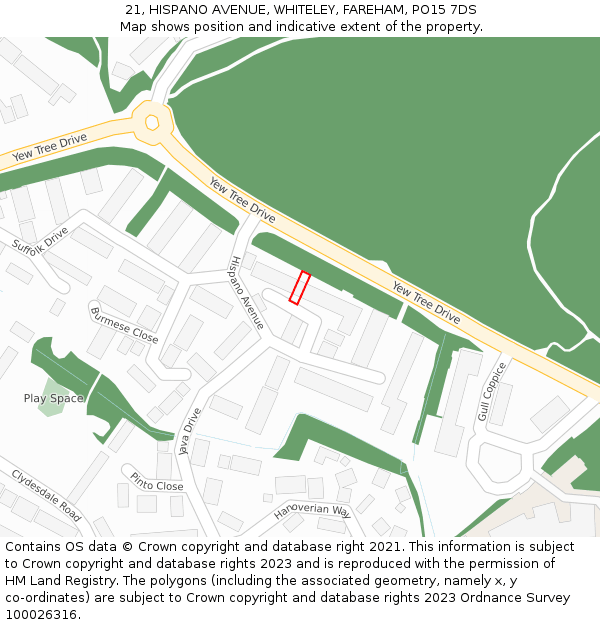 21, HISPANO AVENUE, WHITELEY, FAREHAM, PO15 7DS: Location map and indicative extent of plot
