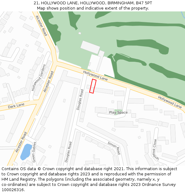 21, HOLLYWOOD LANE, HOLLYWOOD, BIRMINGHAM, B47 5PT: Location map and indicative extent of plot