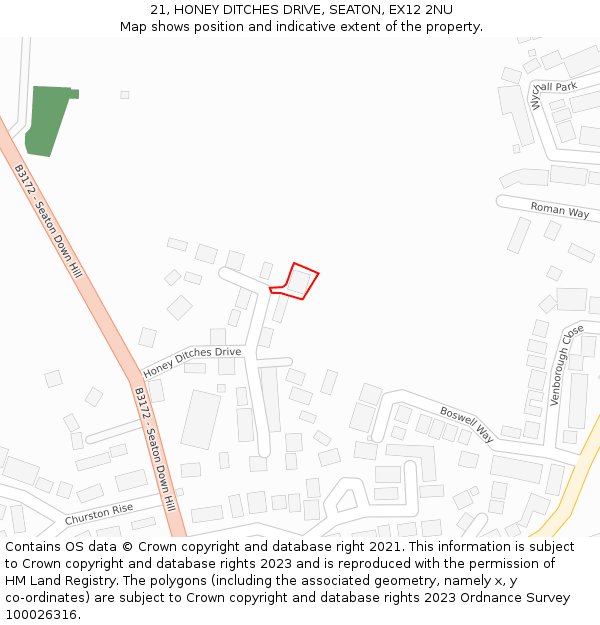 21, HONEY DITCHES DRIVE, SEATON, EX12 2NU: Location map and indicative extent of plot