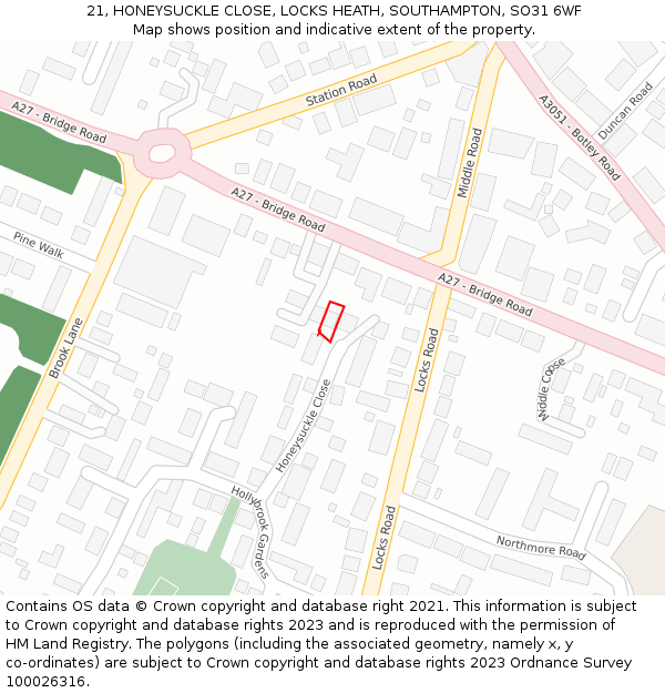 21, HONEYSUCKLE CLOSE, LOCKS HEATH, SOUTHAMPTON, SO31 6WF: Location map and indicative extent of plot