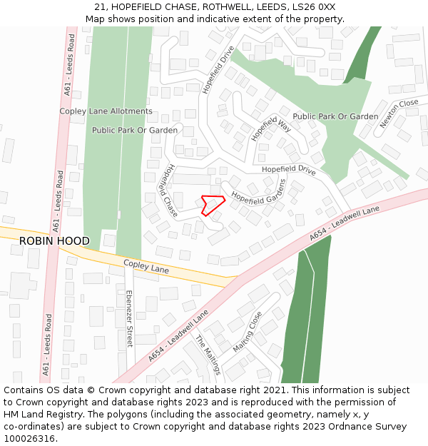 21, HOPEFIELD CHASE, ROTHWELL, LEEDS, LS26 0XX: Location map and indicative extent of plot