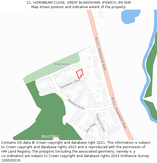 21, HORNBEAM CLOSE, GREAT BLAKENHAM, IPSWICH, IP6 0NR: Location map and indicative extent of plot
