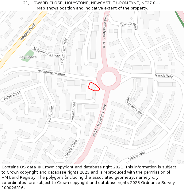 21, HOWARD CLOSE, HOLYSTONE, NEWCASTLE UPON TYNE, NE27 0UU: Location map and indicative extent of plot