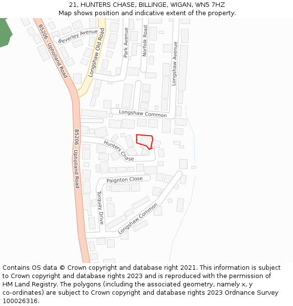 21, HUNTERS CHASE, BILLINGE, WIGAN, WN5 7HZ: Location map and indicative extent of plot
