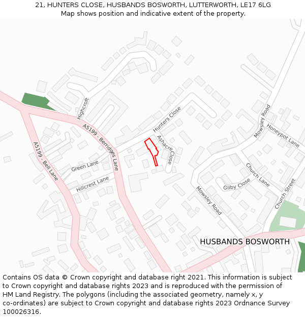 21, HUNTERS CLOSE, HUSBANDS BOSWORTH, LUTTERWORTH, LE17 6LG: Location map and indicative extent of plot