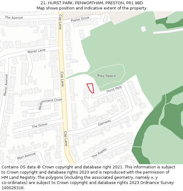 21, HURST PARK, PENWORTHAM, PRESTON, PR1 9BD: Location map and indicative extent of plot