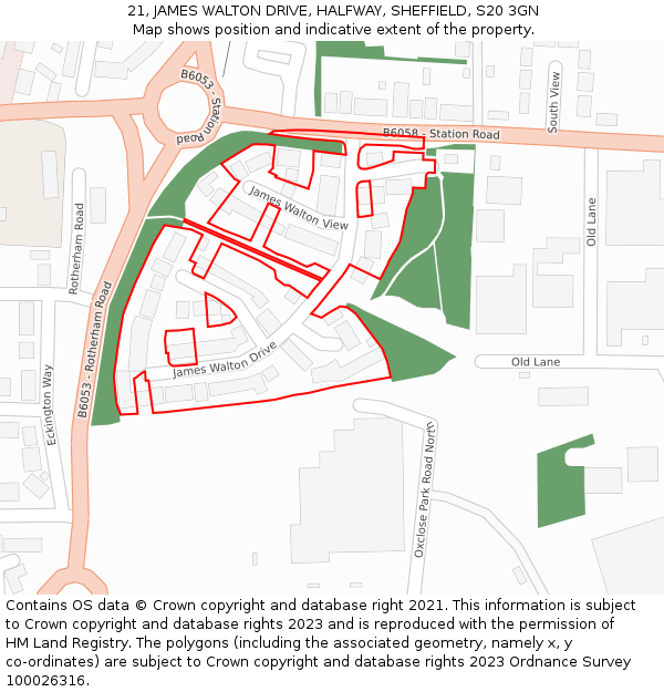21, JAMES WALTON DRIVE, HALFWAY, SHEFFIELD, S20 3GN: Location map and indicative extent of plot