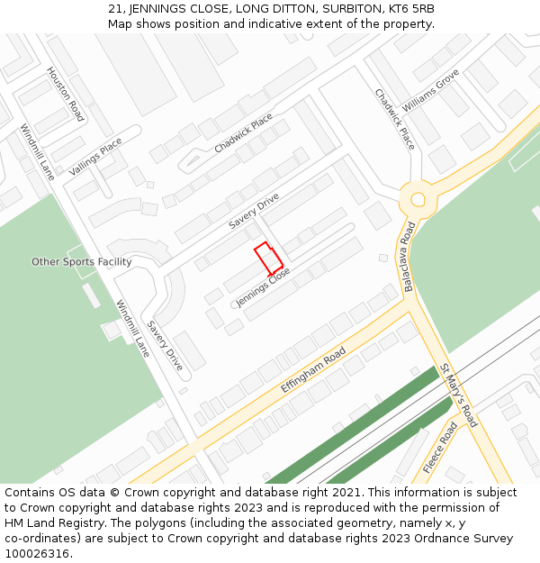 21, JENNINGS CLOSE, LONG DITTON, SURBITON, KT6 5RB: Location map and indicative extent of plot