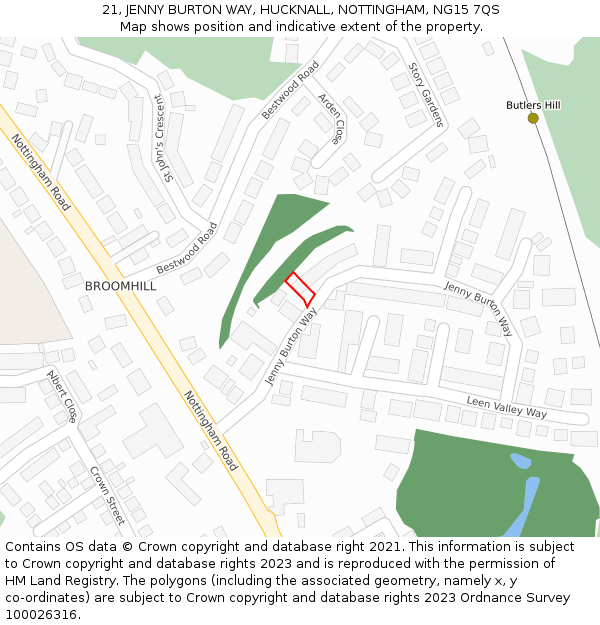 21, JENNY BURTON WAY, HUCKNALL, NOTTINGHAM, NG15 7QS: Location map and indicative extent of plot