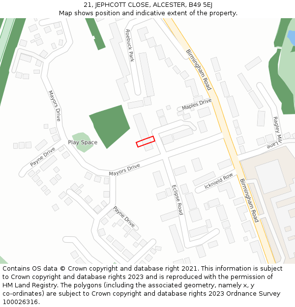 21, JEPHCOTT CLOSE, ALCESTER, B49 5EJ: Location map and indicative extent of plot