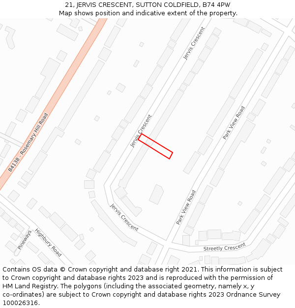 21, JERVIS CRESCENT, SUTTON COLDFIELD, B74 4PW: Location map and indicative extent of plot