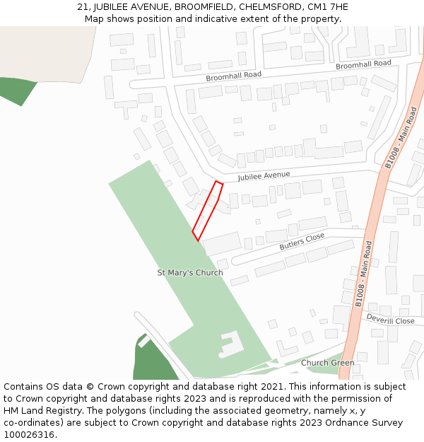 21, JUBILEE AVENUE, BROOMFIELD, CHELMSFORD, CM1 7HE: Location map and indicative extent of plot