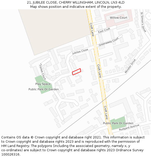 21, JUBILEE CLOSE, CHERRY WILLINGHAM, LINCOLN, LN3 4LD: Location map and indicative extent of plot