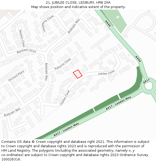21, JUBILEE CLOSE, LEDBURY, HR8 2XA: Location map and indicative extent of plot