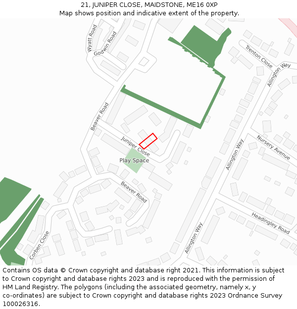 21, JUNIPER CLOSE, MAIDSTONE, ME16 0XP: Location map and indicative extent of plot