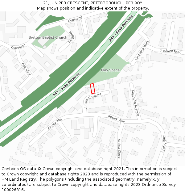 21, JUNIPER CRESCENT, PETERBOROUGH, PE3 9QY: Location map and indicative extent of plot