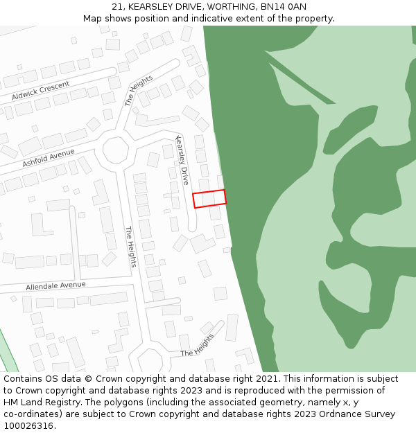 21, KEARSLEY DRIVE, WORTHING, BN14 0AN: Location map and indicative extent of plot
