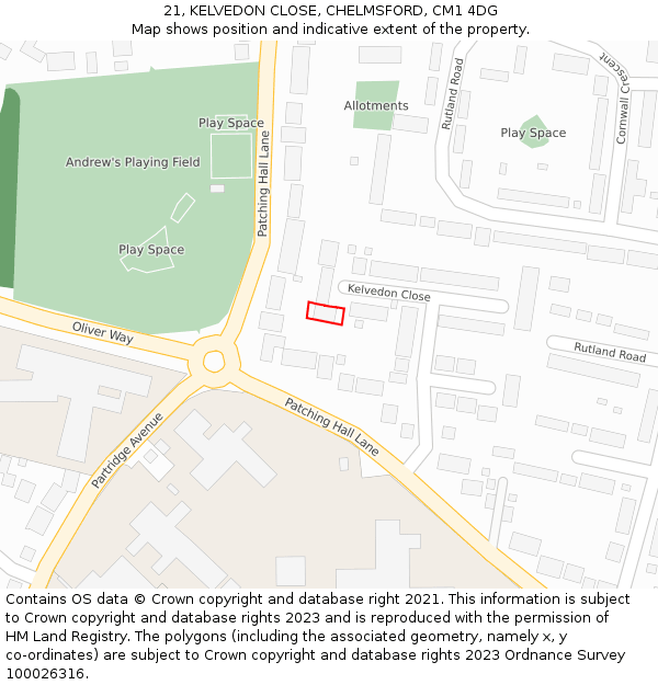21, KELVEDON CLOSE, CHELMSFORD, CM1 4DG: Location map and indicative extent of plot