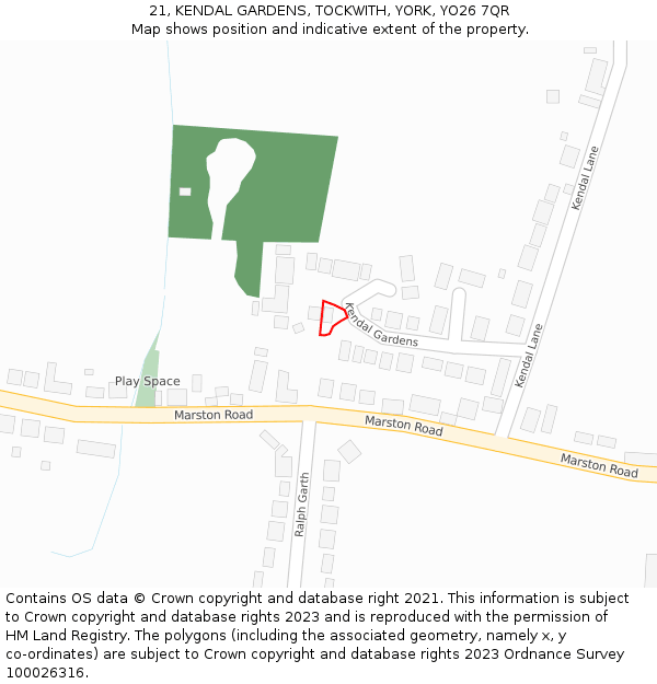 21, KENDAL GARDENS, TOCKWITH, YORK, YO26 7QR: Location map and indicative extent of plot