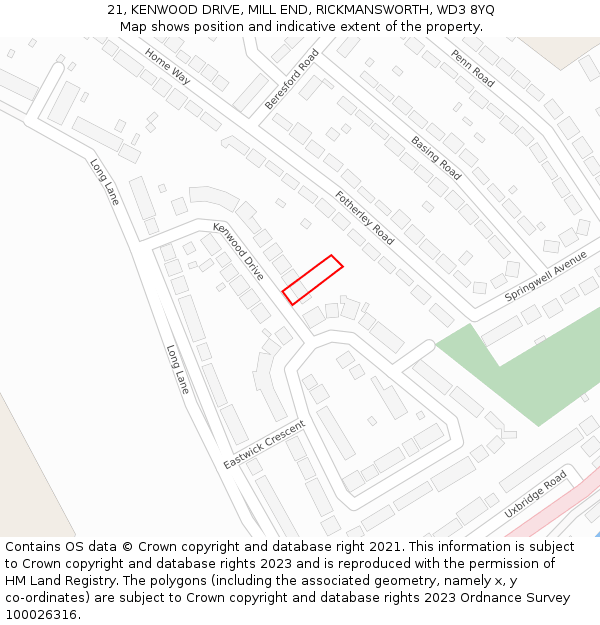 21, KENWOOD DRIVE, MILL END, RICKMANSWORTH, WD3 8YQ: Location map and indicative extent of plot