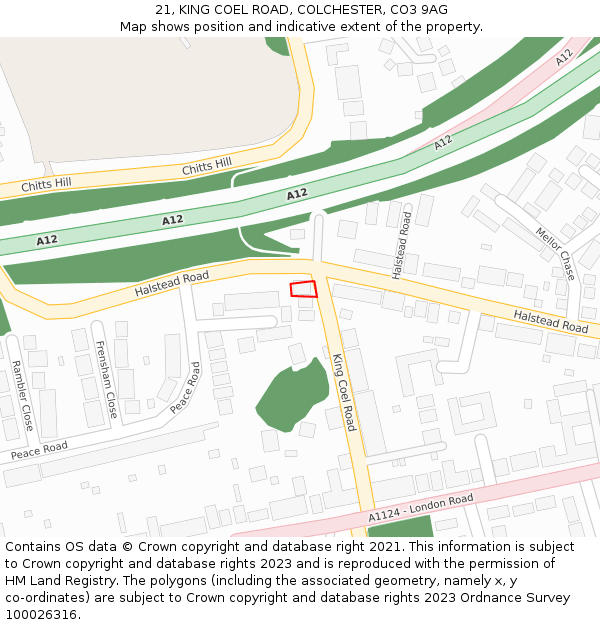 21, KING COEL ROAD, COLCHESTER, CO3 9AG: Location map and indicative extent of plot