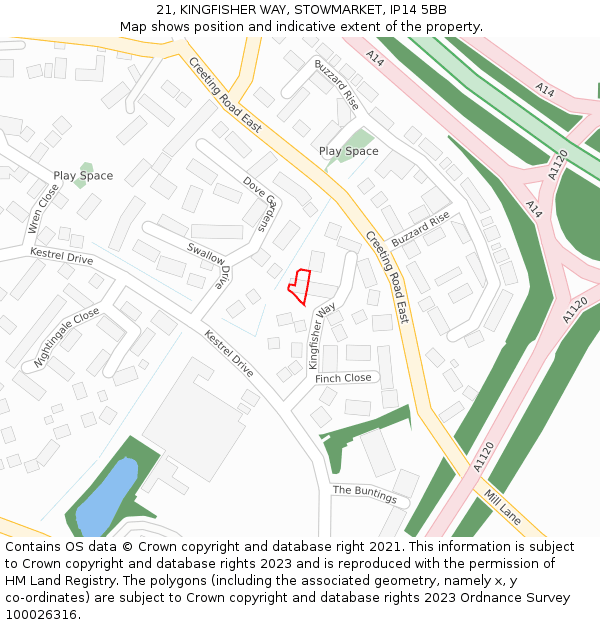 21, KINGFISHER WAY, STOWMARKET, IP14 5BB: Location map and indicative extent of plot