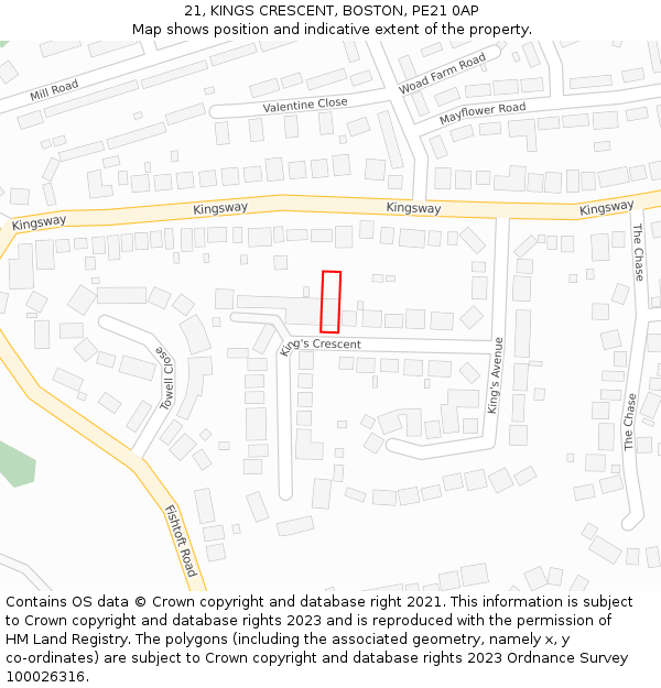 21, KINGS CRESCENT, BOSTON, PE21 0AP: Location map and indicative extent of plot