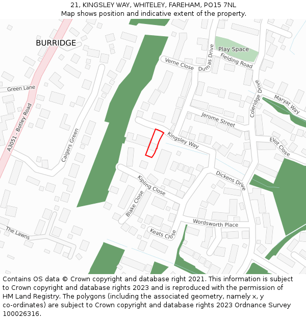 21, KINGSLEY WAY, WHITELEY, FAREHAM, PO15 7NL: Location map and indicative extent of plot