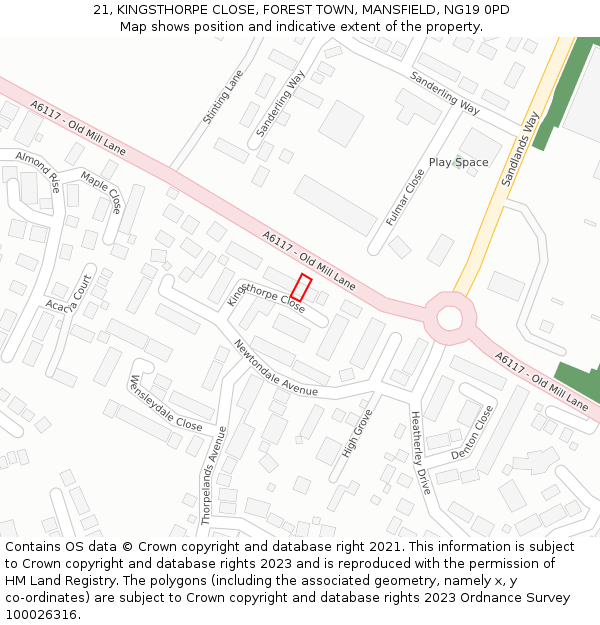 21, KINGSTHORPE CLOSE, FOREST TOWN, MANSFIELD, NG19 0PD: Location map and indicative extent of plot