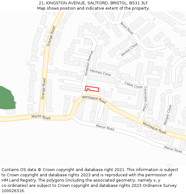21, KINGSTON AVENUE, SALTFORD, BRISTOL, BS31 3LF: Location map and indicative extent of plot