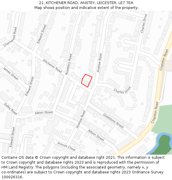 21, KITCHENER ROAD, ANSTEY, LEICESTER, LE7 7EA: Location map and indicative extent of plot