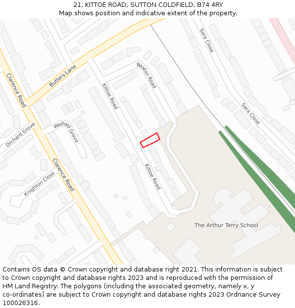 21, KITTOE ROAD, SUTTON COLDFIELD, B74 4RY: Location map and indicative extent of plot