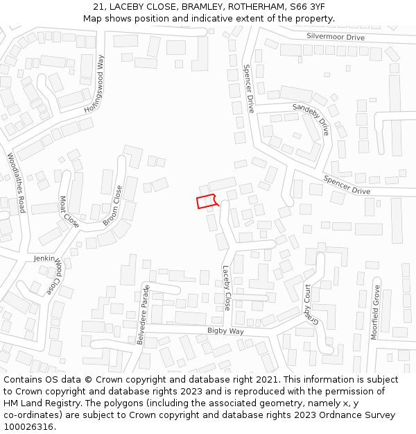 21, LACEBY CLOSE, BRAMLEY, ROTHERHAM, S66 3YF: Location map and indicative extent of plot