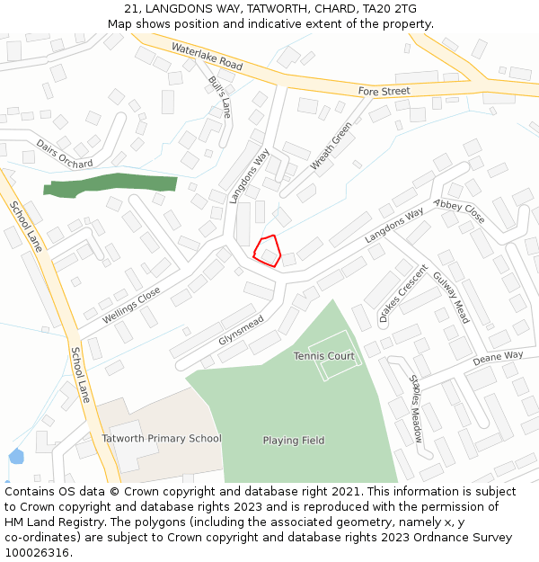 21, LANGDONS WAY, TATWORTH, CHARD, TA20 2TG: Location map and indicative extent of plot