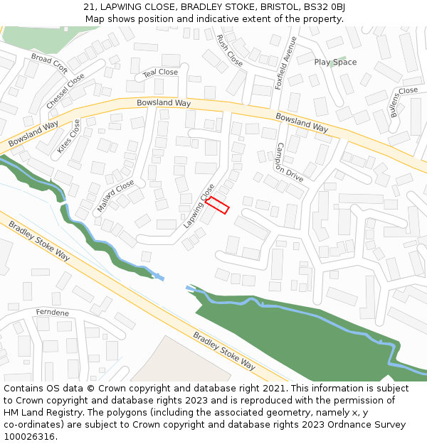 21, LAPWING CLOSE, BRADLEY STOKE, BRISTOL, BS32 0BJ: Location map and indicative extent of plot