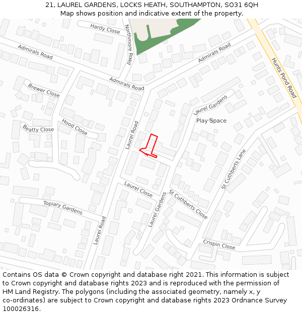 21, LAUREL GARDENS, LOCKS HEATH, SOUTHAMPTON, SO31 6QH: Location map and indicative extent of plot