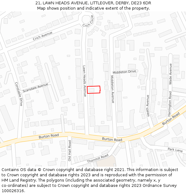 21, LAWN HEADS AVENUE, LITTLEOVER, DERBY, DE23 6DR: Location map and indicative extent of plot