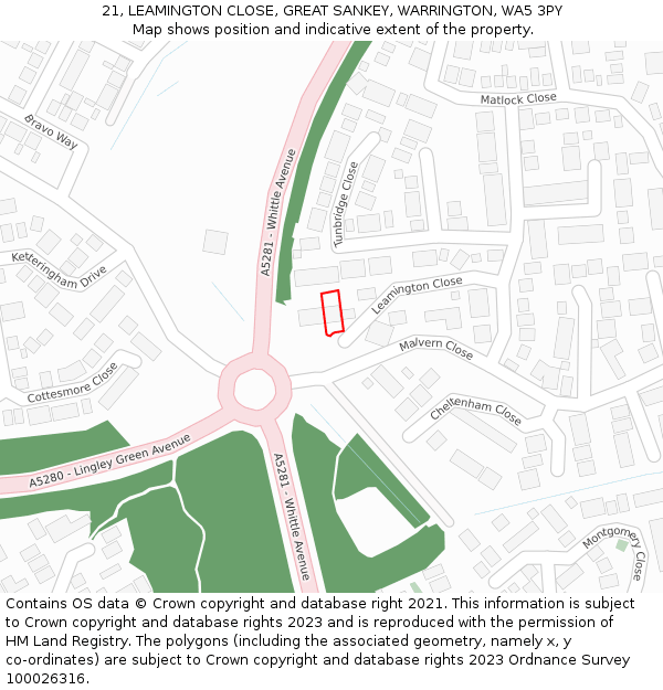 21, LEAMINGTON CLOSE, GREAT SANKEY, WARRINGTON, WA5 3PY: Location map and indicative extent of plot