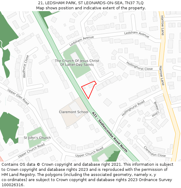 21, LEDSHAM PARK, ST LEONARDS-ON-SEA, TN37 7LQ: Location map and indicative extent of plot
