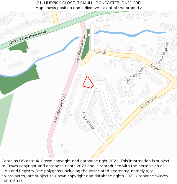21, LINDRICK CLOSE, TICKHILL, DONCASTER, DN11 9RB: Location map and indicative extent of plot