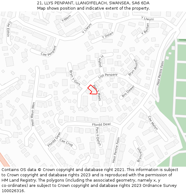 21, LLYS PENPANT, LLANGYFELACH, SWANSEA, SA6 6DA: Location map and indicative extent of plot