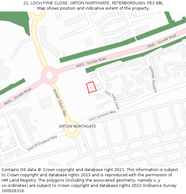 21, LOCH FYNE CLOSE, ORTON NORTHGATE, PETERBOROUGH, PE2 6BL: Location map and indicative extent of plot
