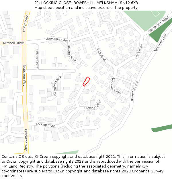21, LOCKING CLOSE, BOWERHILL, MELKSHAM, SN12 6XR: Location map and indicative extent of plot