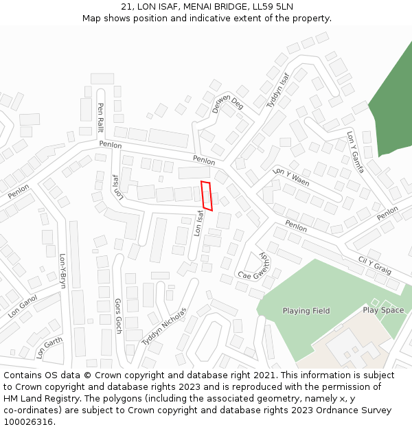 21, LON ISAF, MENAI BRIDGE, LL59 5LN: Location map and indicative extent of plot