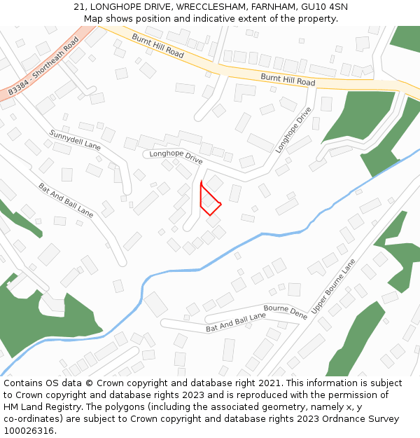 21, LONGHOPE DRIVE, WRECCLESHAM, FARNHAM, GU10 4SN: Location map and indicative extent of plot